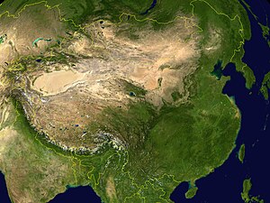 Satellietfoto van het geografische gebied China, waarin met gele lijnen de grenzen staan aangegeven van de huidige Volksrepubliek China