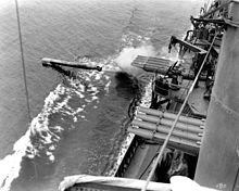 Dunlap firing a torpedo from starboard waist torpedo tubes, July 1942 DunlapTorp.jpg