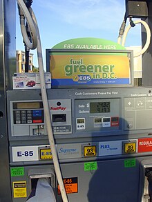 E85 fuel sold at a regular gasoline station in Washington, D.C. E85 fuel pump 7562 DCA 09 2009.jpg