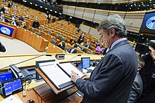 President of the European Parliament David Sassoli signs the resolution consenting to the ratification of the Withdrawal Agreement European Parliament President David Sassoli signs the UK Withdrawal Agreement. (49461241336).jpg