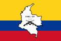 Bandeira das Forzas Armadas Revolucionarias de Colombia - Exército do Pobo (FARC-EP), cun libro aberto e dous fusiles AK-47 sobre o mapa de Colombia.