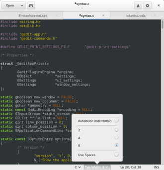 GTK-based gedit with a popover in the status bar. Gedit 3.11.92.png