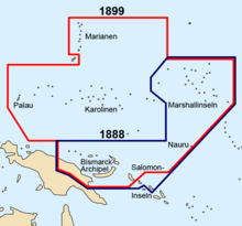 Borders of German New Guinea before (in blue) and after (in red) the 1899 German-Spanish treaty German new guinea 1888 1899.png