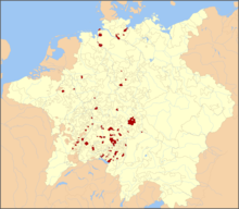 The Free imperial cities of the Holy Roman Empire in 1648 Holy Roman Empire 1648 Imperial cities.png