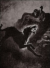 Une illustration en noir et blanc représentant un grand chien fantôme vu par deux hommes