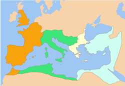 Division of the Empire among the Caesars appointed by Constantine I: from west to east, the territories of Constantine II, Constans I, Dalmatius and Constantius II. After the death of Constantine I (337), this was the formal division of the Empire, until Dalmatius was killed and his territory divided between Constans and Constantius. Impero Romano da maggio a settembre 337.png