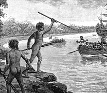 Drawing of two Aboriginal men waving spears at a boatload of British sailors led by Captain Cook.