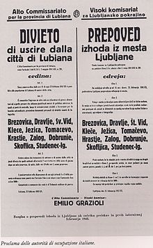 Italian poster forbidding exit from barbed-wire surrounded Ljubljana Italian occupation of Ljubljana, Slovenia.jpg