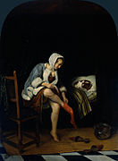 Mujer desvistiéndose (abajo, a la derecha un bacín-orinal vidriado). Pintado por Jan Steen hacia 1660. Rijksmuseum.