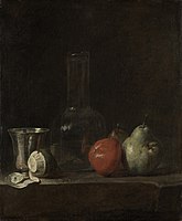 Jean-Baptiste-Siméon Chardin, Still Life with Glass Flask and Fruit (c. 1750)