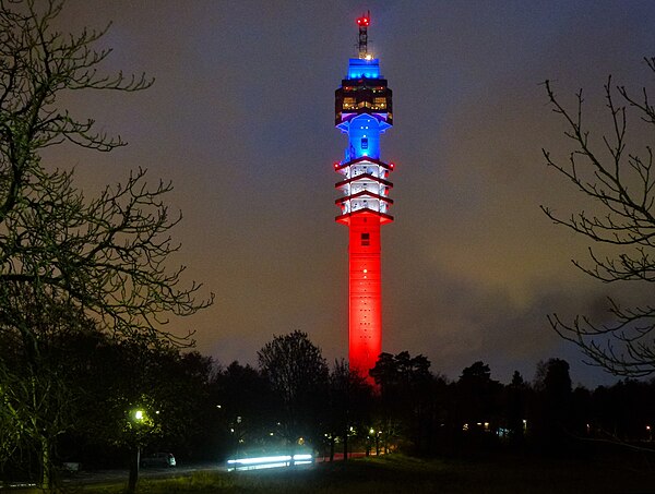 Kaknästornet illuminated as a memorial to the November 2015 Paris attacks