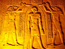 Horus y Thot bendiciendo al faran ptolemaico. Templo de Kom Ombo.