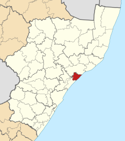 Kaart van Suid-Afrika wat Mandeni in KwaZulu-Natal aandui
