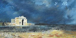 Ghostly soldiers marching across a field in front of the Menin Gate war memorial