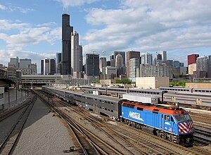 A Metra train in downtown Chicago bound for th...