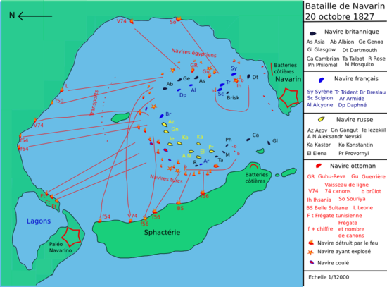 carte couleur : une baie fermée, des signes représentants des navires positionnés en fer à cheval ; leurs mouvements vers les côtes sont montrés par des flèches