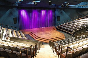 A thrust stage at the Pasant Theatre Pasant Theatre from seats.JPG