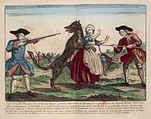 Gravure représentant un loup attaquant une paysanne attaquée par la bête du Gévaudan et défendue par des soldats armés de fusils