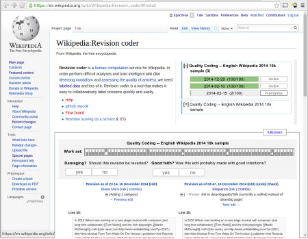 A mock-up of the revcoder gadget (home and form) are presented on top of a en:Wikipedia:Revision scoring page.