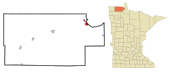 Location of Warroadwithin Roseau County and state of Minnesota