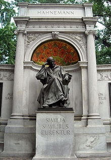 Samuel Hahnemann Monument, Washington, D.C., with the inscription Similia Similibus Curentur - "Like cures Like" Samuel Hahnemann Monument, Scott Circle.jpg