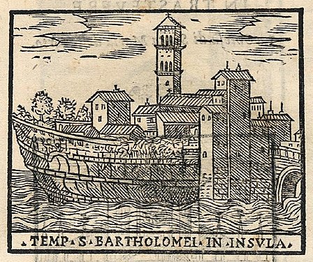 Tiberön med San Bartolomeo all'Isola. Tryck av Girolamo Francino från år 1588.