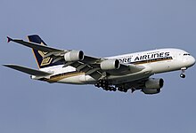 An A380 of launch operator Singapore Airlines. Singapore Airlines A380-841 (9V-SKB) landing at Singapore Changi Airport (3).jpg