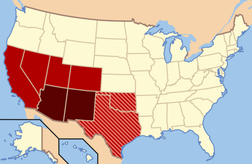 Though regional definitions refine from consultation to source, Arizona in addition to New Mexico (in dark red) are almost always considered the core, modern-day Southwest. The brighter red in addition to striped states may or may not be considered part of this region. The brighter red states (California, Colorado, Nevada, and Utah) are also classified as component of the West by the U.S. Census Bureau, though the striped states are not; Oklahoma and Texas are often classified as part of the South.[1]