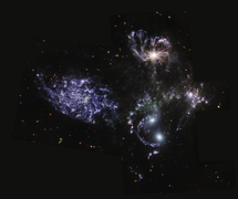 Durch MIRI entstandene Aufnahme von fünf Galaxien, von denen vier miteinander in Wechselwirkung stehen