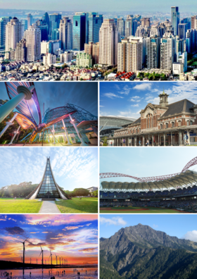 Clockwise frae top: Taichung skyline, Taichung railwey station, Taichung Intercontinental Basebaw Stadium, Nanhu Moontain, Wind ferm in Taichung, Luce Memorial Chaipel, Naitional Museum o Naitural Science