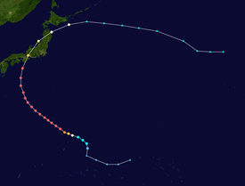 Track of a tropical cyclone as represented by colored dots; each dot represents the storm's position and intensity at 6-hour intervals.