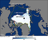 Arctic Sea ice as of 2007 compared to 2005 and also compared to 1979-2000 average