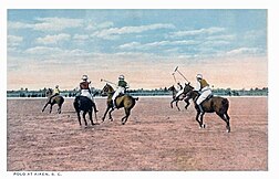 A depiction of Americans playing polo, an Asian-origin game standardized and spread by the British. Aiken - Polo playing.jpg