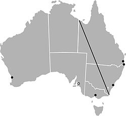 The "Barassi Line", as proposed by Ian Turner in 1978. The line divides the regions where Australian rules football (south and southwest) and rugby league (northeast) are the most popular football codes. Dots mark the locations of cities with at least one professional club that deviates from the Barassi Line; hollow dots mark the locations of cities that formerly had a professional club. Barassi Line.jpg