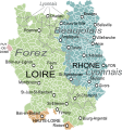 Le gouvernement général de Lyon au XVIIIe siècle, avec les provinces du Lyonnais, du Forez et du Beaujolais et les communes et départements actuels.
