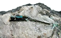 Foto de mendipitprovaĵo kun malhela kristalo de kloroksifito enkonstruita en ĝi kaj pli malgranda, klarblua diaboleitkristalo ĉe la pinteĝo de la kloroksifito.