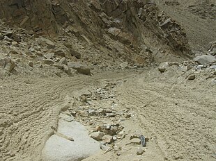 Debris flow channel with deposits left after 2010 storms in Ladakh, NW Indian Himalaya. Coarse bouldery levees form the channel sides. Poorly sorted rocks lie on the channel floor. Debris flow channel, Ladakh, NW Indian Himalaya.JPG