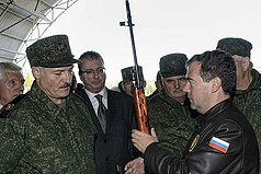 Dmitry Medvedev and Alexander Lukashenko observed the final phase of the Zapad-2009 strategic exercises that took place in Baranavichy, Belarus. Dmitry Medvedev 29 September 2009-3.jpg