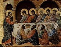 The risen Christ appearing to the Eleven (Luke 24,36-49) from Duccio's Maestà. Christ has a plain halo; the Apostles only have them where they will not seriously interfere with the composition.