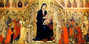 The main panel of the Maesta by Duccio di Buoninsegna, 1308-1311 Duccio maesta1021.jpg