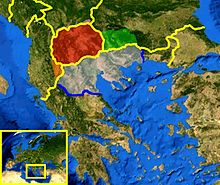 Carte représentant la grande Macédoine surimposée aux frontières modernes