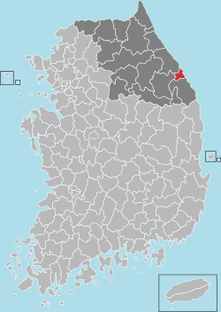 東海市在韓國及江原道的位置