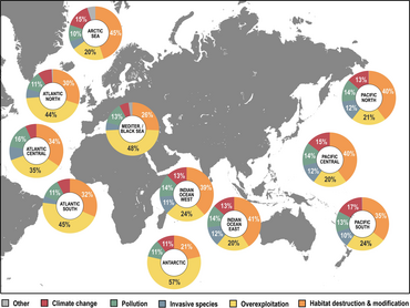 The distribution of anthropogenic stressors faced by marine species threatened with extinction in various marine regions of the world. Numbers in the pie charts indicate the percentage contribution of an anthropogenic stressors' impact in a specific marine region. Global distribution of anthropogenic stressors to marine species.png