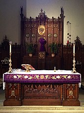 The chancel of a church on Ash Wednesday 2015 (the veiled altar cross and purple paraments are customary during Lent). High Altar of Palmer Memorial Episcopal Church during Lent.jpg