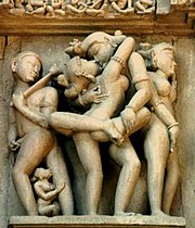 Sculpture from a temple at Khajuraho Khajurahosculpture.jpg