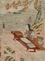 An 18th-century woodblock in the ukiyo-e style, depicting Murasaki Shikibu being inspired by the moon