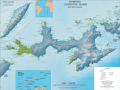 Topographic map of Livingston Island with the bases and base camps on the island