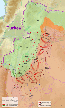 Északnyugat-szíriai helyzet 2020. március 8-án A térképen szerepelnek az orosz, török és iráni kiszögellések is.