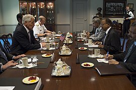 Secretary of Defense Chuck Hagel (left) meets with Indian National Security Adviser Ajit Doval (right) at the Pentagon in Washington D.C., Oct. 1, 2014. (DoD Photo by Master Sgt. Adrian Cadiz)(Released)