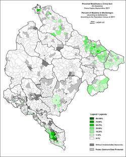 Mapa sídel v Černé Hoře podle počtu Muslimanů v roce 2011